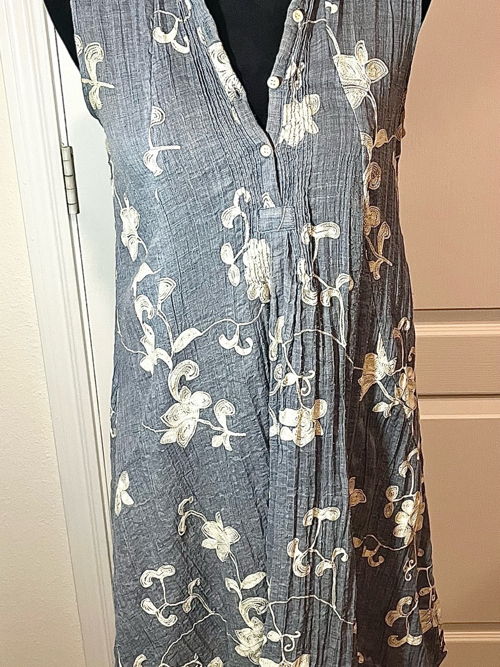 Anthropologie Isabella Sinclair chambray denim Floral Embroidered Dress
